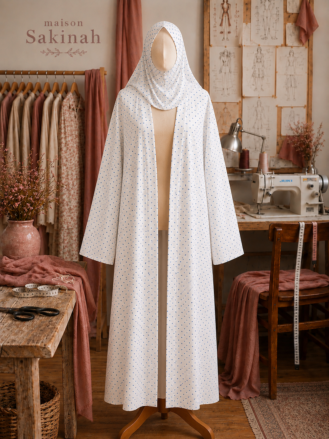 Ensemble khimar & kimono à pois bleu
